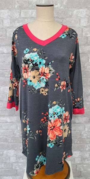 Gray Floral Dress with Pink Accents (SM)