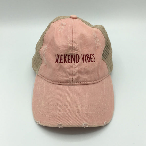 "Weekend Vibes" Distressed Cap- Pink or Blue
