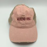 "Weekend Vibes" Distressed Cap- Pink or Blue