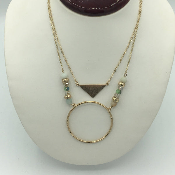 Gold Circle and Triangle 2 Layer Necklace, Green