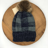 Plaid Knit Hat with Fur Pom Pom