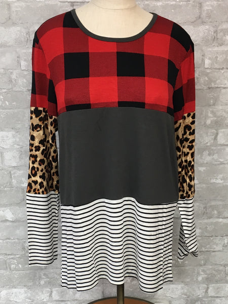 Red Plaid/Gray/White Stripe Top (Large)